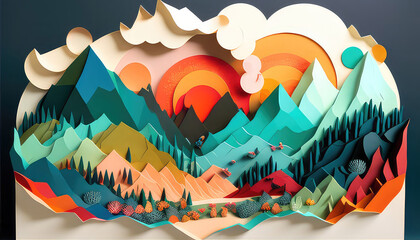 Papercut Mountain Vacation Nature Colorful Layered Illustration. Generative AI.