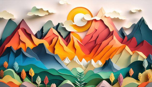 Papercut Vacation Sunset Hiking Camping Intricate Design. Generative AI.