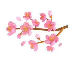 3D icon render spring Cherry Blossom Sakura branch illustration. Simple and cute petal isolated on white background with clipping path