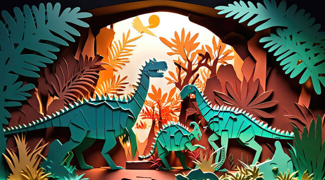 Papercut Dinosaur Cutout Silhouette Prehistoric Woods Illustration Design. Generative AI.
