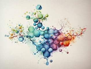 Watercolor illustration of a molecule on white. Generative AI