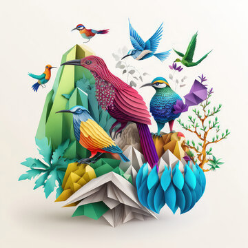 Papercut Birds Ecology Wildlife Diversity Design. Colorful Vivid Origami. Generative AI