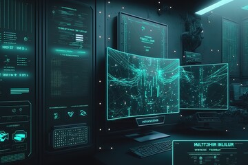 Сoncept of virtual environment and cyberspace set of glowing screens and network equipment workplace of hacker or programmer blurred background in cyberpunk style, AI generated