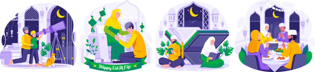 Illustration Set of Ramadan concept with Muslim People greeting and celebrating Ramadan Kareem and Eid Mubarak. Greeting Each other and apologizing. Iftar Party. Looking for Hilal or New Moon