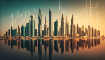 abstract image of skyscrapers on the background of the financial graph. AI generated