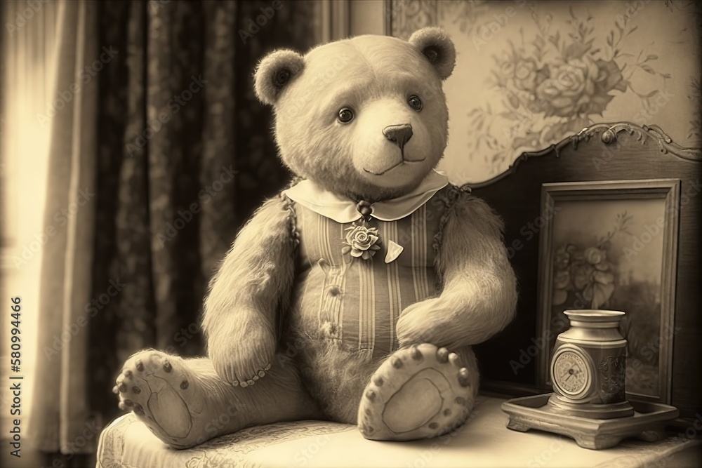 Sticker Teddy bear in retro clothes sits on a sofa. Generative AI