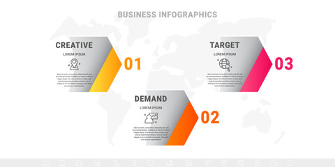 Fototapeta premium Vector arrows business infographics. Modern timeline template with three options, steps, icons. Simple graphic flowchart template