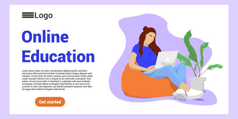 The girl works on a computer in a bag chair. Study and work at home. Woman at work. Online learning. Landing template. Freelance work. Work and study from home.