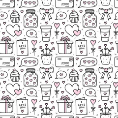 Cute seamless pattern for Valentines Day with hearts, gifts, love letters and envelopes. Vector hand-drawn doodle illustration. Perfect for holiday designs, print, decor, wrapping paper.