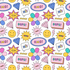 Bright seamless pattern in the style of the 90s. Colorful diamonds, smile faces, stars, lightning, speech bubbles on white background. Nostalgia for the 1990s. Funny cool print.