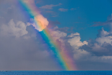 Beautiful landscape with turquoise sea and rainbow at sunset

