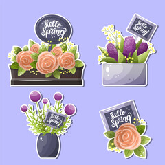 Collection of stickers with cute inscriptions and receipts. spring flowers hyacinth, rose and mimosa. Cute spring stickers for planner.