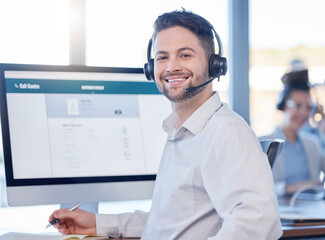 Man at call center, contact us with customer service employee, smile and CRM with consultant in...