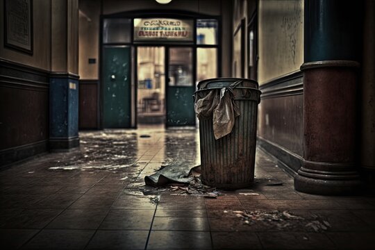 Empty Garbage Can Behind Restaurant On Dirty Floor, Created With Generative Ai