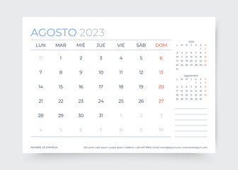 August 2023 year calendar in Spanish. Planner calender template. Week starts Monday. Desk monthly organizer. Timetable layout. Corporate diary. Table schedule grid. Vector illustration. Paper size A5