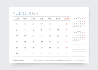 Spanish calendar for July 2023 year. Planner calender template. Week starts Monday. Monthly organizer. Desk corporate diary. Timetable layout. Table schedule grid. Vector illustration. Paper size A5