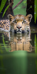 Close Look Of  Jaguar Swimming In Lake Generative Ai Digital Illustration Part#130323