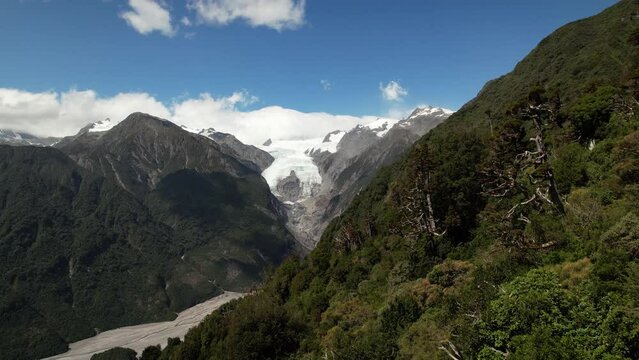 Franz Josef Glacier, Westland National Park. Birds eye view, beautiful sunny day in New Zealand.