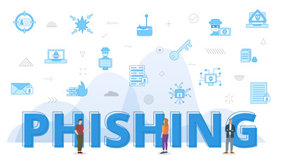 phishing concept with big words and people surrounded by related icon with blue color style