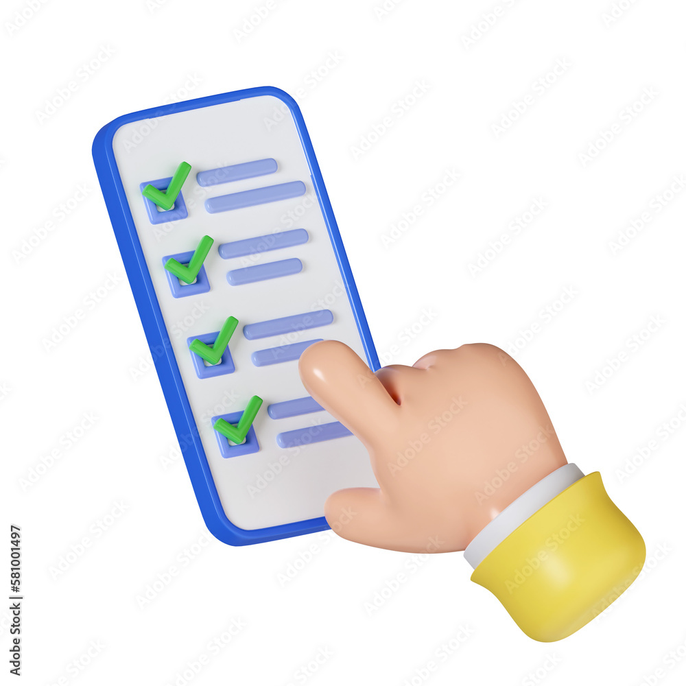 Poster 3d hands with finger fill online survey or test form on screen. phone and forefinger touching check 