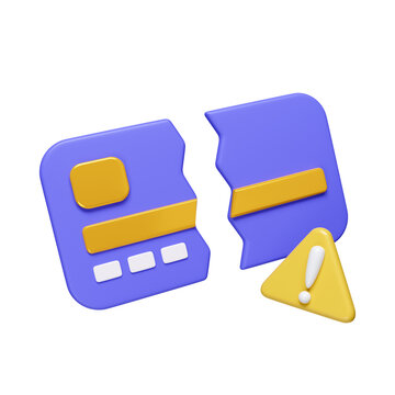 3d Broken credit card payment error. Credit card problem. Credit card decline. credit card unavailable. icon isolated on white background. 3d rendering illustration. Clipping path.
