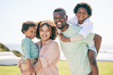 Happy, smile and portrait of a black family at beach for travel, vacation and piggyback on nature...