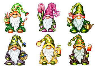 Set of 6 cute gnomes with accessories in green clothes. JPEG illustration for stickers, creating patterns, wallpaper, wrapping paper,  
postcards, design template, fabric, clothing, cross-stitch.