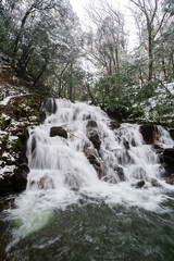うっすらと雪化粧した森の中を流れる渓流と滝