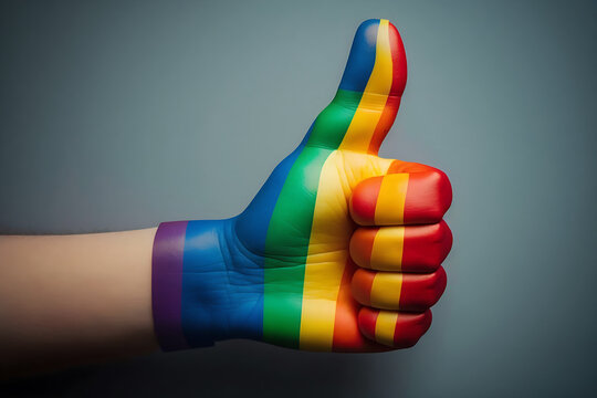 Generative ai illustration of a hand with raised thumb making the OK symbol painted with the colors of the gay or lgbtq flag as a symbol of pride