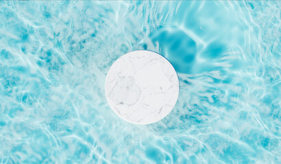 Top view of marble podium stand in swimming pool water mockup. Summer tropical background for...