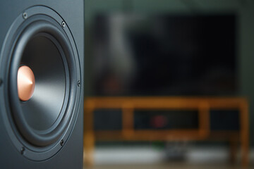 Sound speaker in living room interior. Set for listening music. Audio equipment