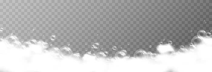 Vector foam with bubbles on an isolated transparent background. Foam, bubbles png. Detergent png. Shampoo, bath foam. - obrazy, fototapety, plakaty