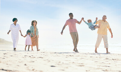 Family on beach, freedom and travel, generations and happy people outdoor, grandparents with...