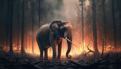 Fototapeta na wymiar elephant in a burning forest