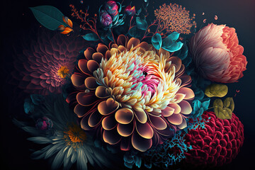 Fototapeta na wymiar Flowers on a dark background. Botanical luxury floral wallpaper. AI