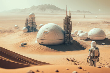 Futuristic fantasy image city building on Mars, flying ships with astronaut, colonization of Mars red planet, new life,  Autonomous life on Mars AI Generative