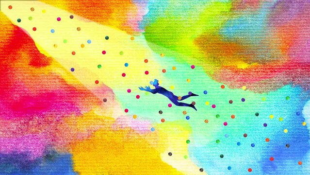 human flying chakra abstract mind mental health soul healing spiritual inspire energy connected universe art watercolor painting illustration color rainbow digital collage stop motion 4k animation