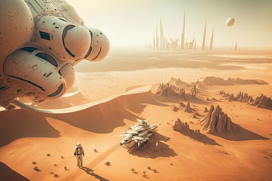 Futuristic fantasy image city building on Mars, flying ships with astronaut, colonization of Mars red planet, new life,  Autonomous life on Mars AI Generative