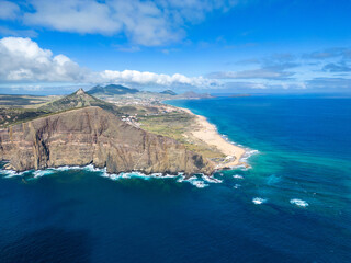 Porto Santo Aerial View. Popular tourist destination in Portugal Island in the Atlantic Ocean. Porto Santo, Madeira, Portugal.