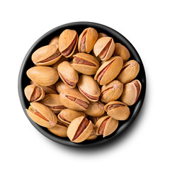 The pistachio in black bowl isolated on transparent background. Top view.