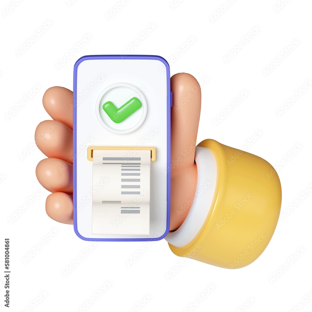Poster 3d hand hold smartphone with paper check. payment approved. easy payments. successful operation conc