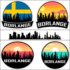 Borlange Skyline Silhouette Sweden Flag Travel Souvenir Sticker Sunset Background Vector Illustration SVG EPS AI