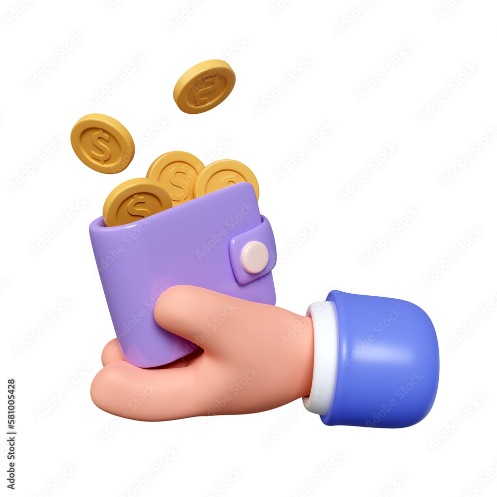 Poster 3d hand hold wallet with coin. mobile wallet. saving money online payment and payment concept. icon 