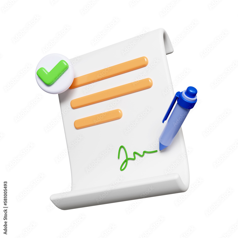 Poster 3d business agreement. contract or document with signature. hands hold clipboard with official paper