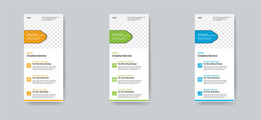  corporate business roll up banner or stand banner design template with blue, green and red color. digital marketing corporate business modern rack card and dl flyer design template. 