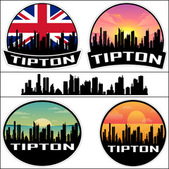 Tipton Skyline Silhouette Uk Flag Travel Souvenir Sticker Sunset Background Vector Illustration SVG EPS AI