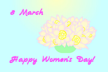 March 8 greeting card decorated with a bouquet of snowdrops in a low vase. Happy Women's Day