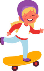 Cheerful kid riding on skateboard flat illustration Wooden skateboard