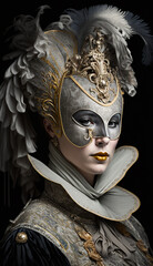  Venetian carnival costume. Venetian carnival mask. Venice, Italy. portrait of a gold and white mask in Piazza San Marco,  Created using generative AI tools.