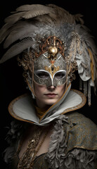  Venetian carnival costume. Venetian carnival mask. Venice, Italy. portrait of a gold and white mask in Piazza San Marco,  Created using generative AI tools.